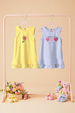 Lila-Sar? 2li K?z Cocuk %100 Pamuk Bask?l? Kolsuz K?sa Orme Elbise TKDSS25EL00092