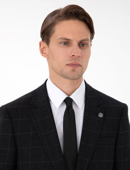 Siyah Slim Fit Ekose Y_nl_ Tak_m Elbise