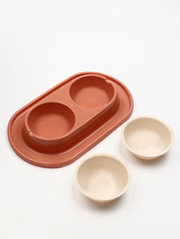 Миска двойная для животных «Мур-мяу», 300 мл, на подставке, пластик, цвет кирпичный