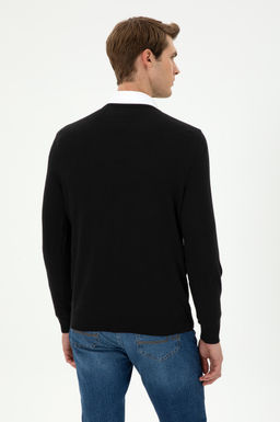 Erkek Slim Fit V Yaka Siyah Basic Kazak