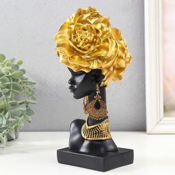 Фигурка полистоун «Бюст. Африканка с золотыми розами в волосах, с ожерельем», чёрный, 24×10×11 см