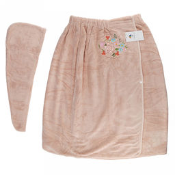 Парео махровое "Свежий букет" 70х175см, хлопок 100%, на резинке с липучкой, на кнопке, с вышивкой; с чалмой на пуговице 68х25см, пыльная роза (Китай)