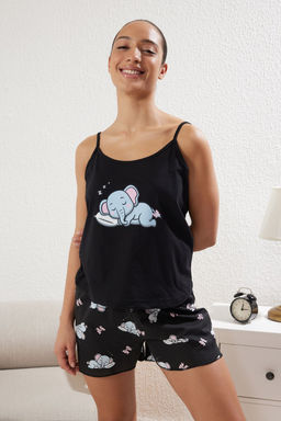 Trendyolmilla Siyah %100 Pamuklu Fil Desenli Kurdele/Fiyonklu Sortlu Orme Pijama Tak?m? THMSS25PT00170