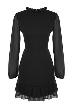 TRENDYOLMILLA Siyah A Kesim F?rf?r Detayl? Dik Yaka Mini Astarl? Sifon Dokuma K?sl?k Elbise TWOAW24EL00722  фото 20