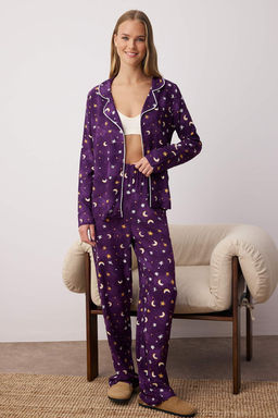Trendyolmilla Mor Galaksi Desenli Biyeli Viskon Dokuma Pijama Tak?m? THMAW24PT00093 фото 9