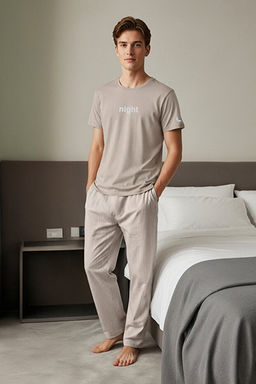 Bej Regular Fit Bask_l_ Alt_ _izgili _rme Pijama Tak_m_ THMAW21PT0393