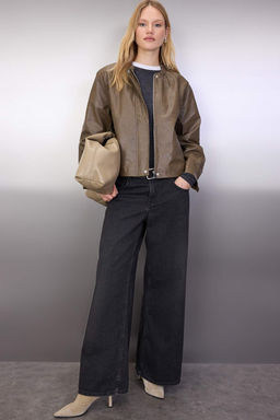 Haki Regular Kal?p Suni Deri Ince Ceket Mont TWOAW26MO00071 - Trendyolmilla фото 4