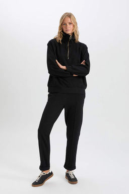 Базовые прямые черные брюки с эластичной резинкой на талии стандартной посадки, длинные черные брюки со складками и карманами на шнуровке - Defacto фото 3