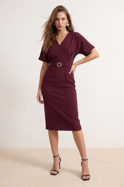 Bordo Duz Midi Dokuma Elbise TWOSS26EL00903