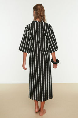Siyah Cizgili Maxi Dokuma %100 Pamuk Puskullu Plaj Kimono&Kaftan TBESS20KM0024 - Trendyolmilla фото 5