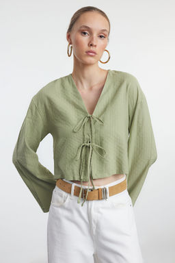 Trendyolmilla Yesil Baglama Detayl? Cizgili Dokuma Gomlek TWOSS24GO00247  фото 6