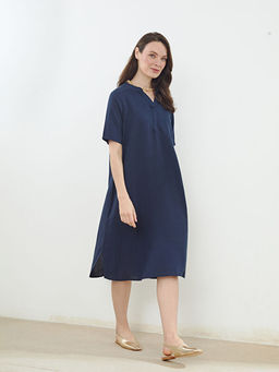 Ka??k Yaka Keten Kar???ml? Elbise