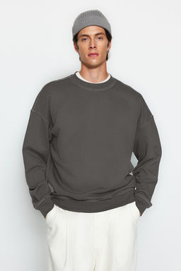 Antrasit Oversize/Genis Kesim Kontrast Dikis Detayl? Bisiklet Yaka Sweatshirt TMNAW24SW00011
