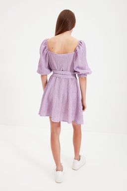 Mor Kareli Belden Ac?lan Kare Yaka Mini Dokuma Elbise TWOAW22EL0051