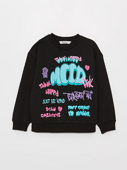 Bisiklet Yaka Bask?l? Uzun Kollu K?z ?ocuk Sweatshirt