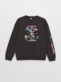 Bisiklet Yaka Bask?l? Uzun Kollu K?z ?ocuk Sweatshirt