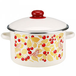 "Птички и вишня" Кастрюля эмалированная 4л, цилиндрическая форма, металлическая крышка, ободок из нержавеющей стали, бисквит (Россия)