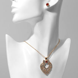 Гарнитур 2 предмета: серьги, кулон «Сердце» леди, цвет красно-белый в золоте, 48 см