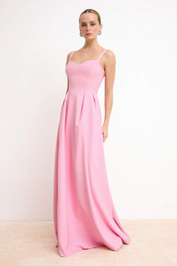 Ac?k Pembe Duz A Kesim Fiyonklu Dokuma Finike Maxi Abiye & Mezuniyet Elbisesi