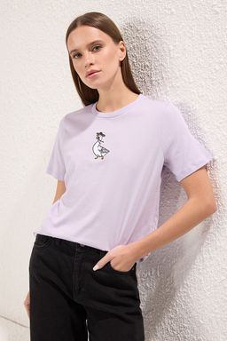 Lila %100 Pamuk Nak?sl? Regular/Normal Kal?p Orme T-Shirt TWOSS24TS00160