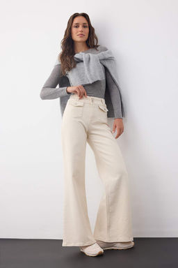 Wardrobe Essentials Ekru Yuksek Bel Cep Detayl? Comfort Esnek Wide Leg Palazzo Jeans TWOAW26JE00120 - Trendyolmilla фото 3