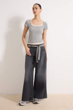 Gri Melanj Renk Bloklu Fitted/Vucuda Oturan Garni Detayl? Fitilli Esnek Orme Bluz TWOSS26BZ00103 - Trendyolmilla фото 2