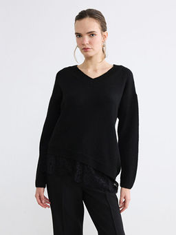 V Yaka Dantel Detayl? Kad?n Triko Kazak