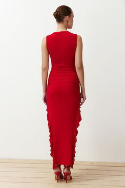 TRENDYOLMILLA Siyah Bodycone S?f?r Kol Y?rtmacl? F?rf?r Detayl? Esnek Kal?n Sandy Maxi Kalem Elbise TWOSS24EL00688  фото 15