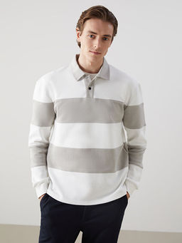 Polo Yaka Uzun Kollu ?izgili Erkek Sweatshirt