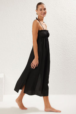 Siyah Dokuma Buzgulu Maxi Plaj Elbise TBESS25EL00029