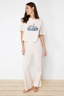 Trendyolmilla Pudra %100 Pamuklu Fil Bask?l? Orme Pijama Tak?m? THMSS24PT00070 фото 2