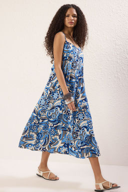 Mavi Geometrik Desenli Duz Kesim Midi Dokuma Elbise TWOSS25EL00044