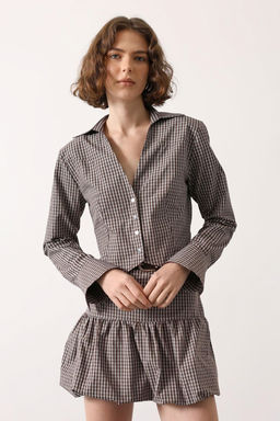 Kahverengi-Cok Renkli Mini Ekoseli Fitted Crop Gomlek TWOSS26GO00150