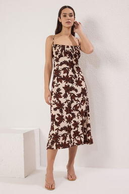 Kahverengi Cicekli A Kesim Midi Dokuma Elbise TWOSS25EL00561