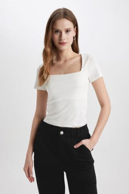 Slim Fit Dar Kesim Kare Yaka Fitilli Kaskorse K?sa Kollu Tisort