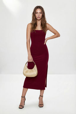 Bordo Arkadan Bagc?kl? Sandy Midi Astars?z Party Elbise TPRSS26EL00221 - Trendyolmilla фото 2