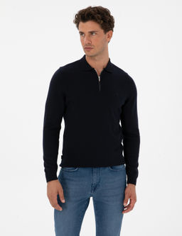 Lacivert Slim Fit Polo Yaka Fermuarl_ Basic Triko Kazak