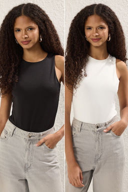 Trendyolmilla Siyah-Beyaz 2li Paket Fitted Bisiklet Yaka Alttan C?tc?tl? Orme Body TWOSS25BD00017