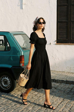 Siyah Skater/Belden Ac?lan Balon Kollu Astarl? Midi Dokuma Elbise TWOSS22EL1768