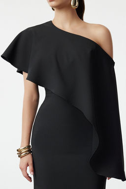 Siyah Vucuda Oturan Pelerin Detayl? Dokuma S?k Abiye Elbise TPRSS24EL00118 - Trendyolmilla фото 4