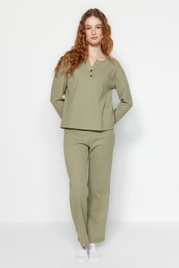 Trendyolmilla Yesil Waffle Tshirt-Pantolon Orme Pijama Tak?m? THMAW24PT00126