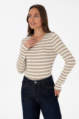 Kad_n Koyu Bej _izgili Bisiklet Yaka Sweatshirt