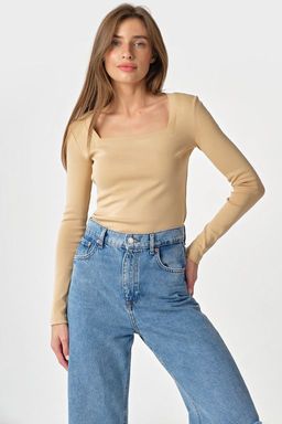 Лонгслив трикотажный с квадратным вырезом из хлопка хаки - Fly фото 14