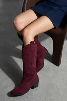 Bordo Nak?sl? Sivri Burun Kad?n 5,5 cm Blok Topuklu Kovboy Bot TAKAW26BO00047