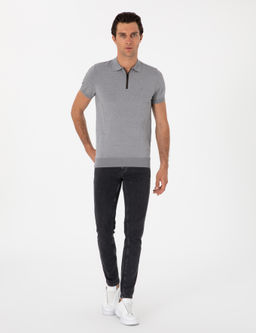 Gri Slim Fit Fermuarl_ Polo Yaka Triko T-shirt