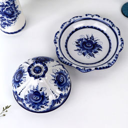 Блинница с крышкой «Цветок», блюдо, 24×15 см, фарфор, гжель