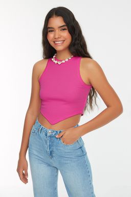 Pembe Asimetrik Super Crop Fitilli Esnek Orme Atlet TWOSS22AL0065