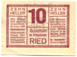 Банкнота 10 геллеров 1920 года Австрия  Рид (нотгельд)