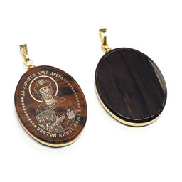 Кулон из обсидиана овал с окантовкой " Св. Роман " 20*30мм