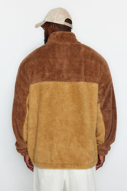 Camel Unisex Buyuk Beden Oversize/Genis Kesim Renk Bloklu Nak?sl? Pelus Sweatshirt TMNAW24AO00015 - Trendyolmilla фото 7